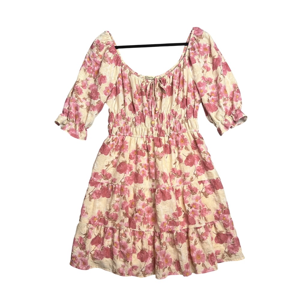 Liberty Love Pink Floral Tiered Dress‎ Size XL Puff Sleeve Mini Boho Puff Sleeve